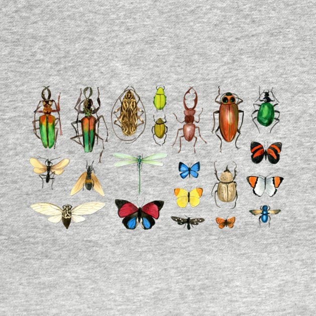 The Usual Suspects - insects on white - watercolour bugs pattern by Cecca